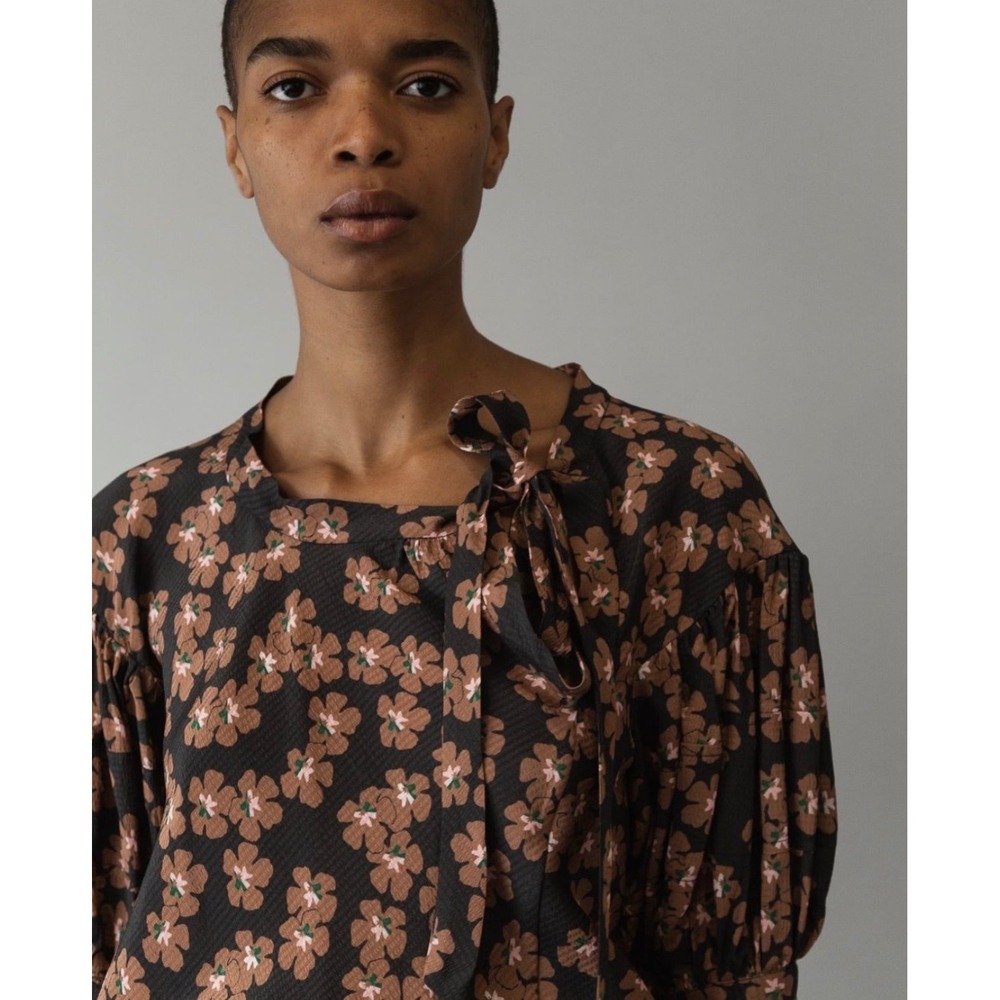 Caron Callahan Tavi Floral Puff Sleeve Tie Neck Viscose Blouse Brown Gray Size M
